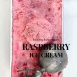Raspberry ice cream in a white tub with an ice cream scooper