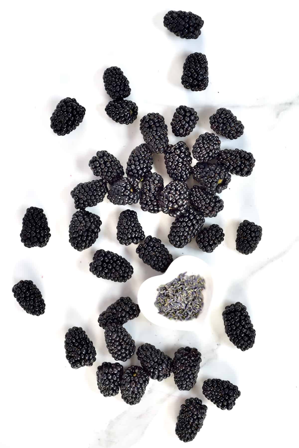 Spread of Blackberries and dried lavender flowers