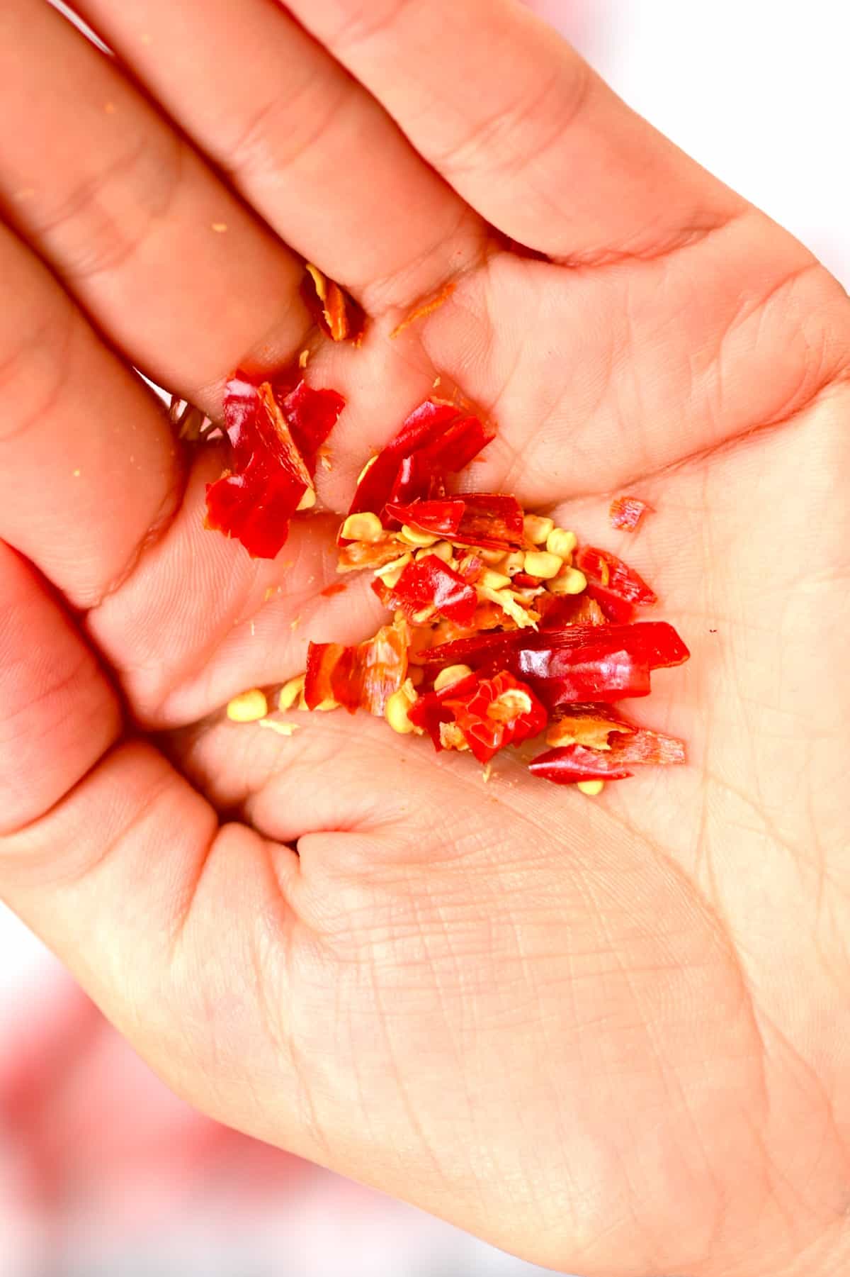 Red chili flakes in the palm of a hand