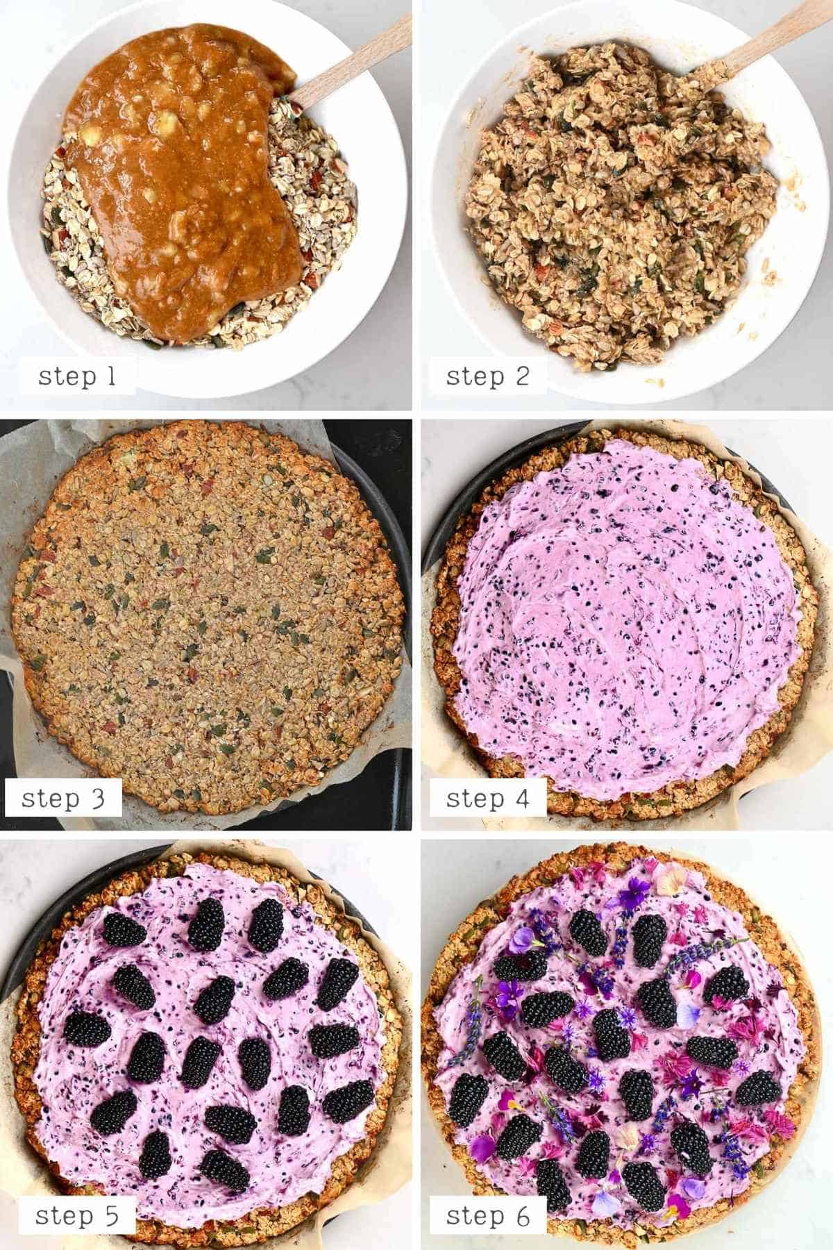 steps for assembling the blackberry breakfast pizza