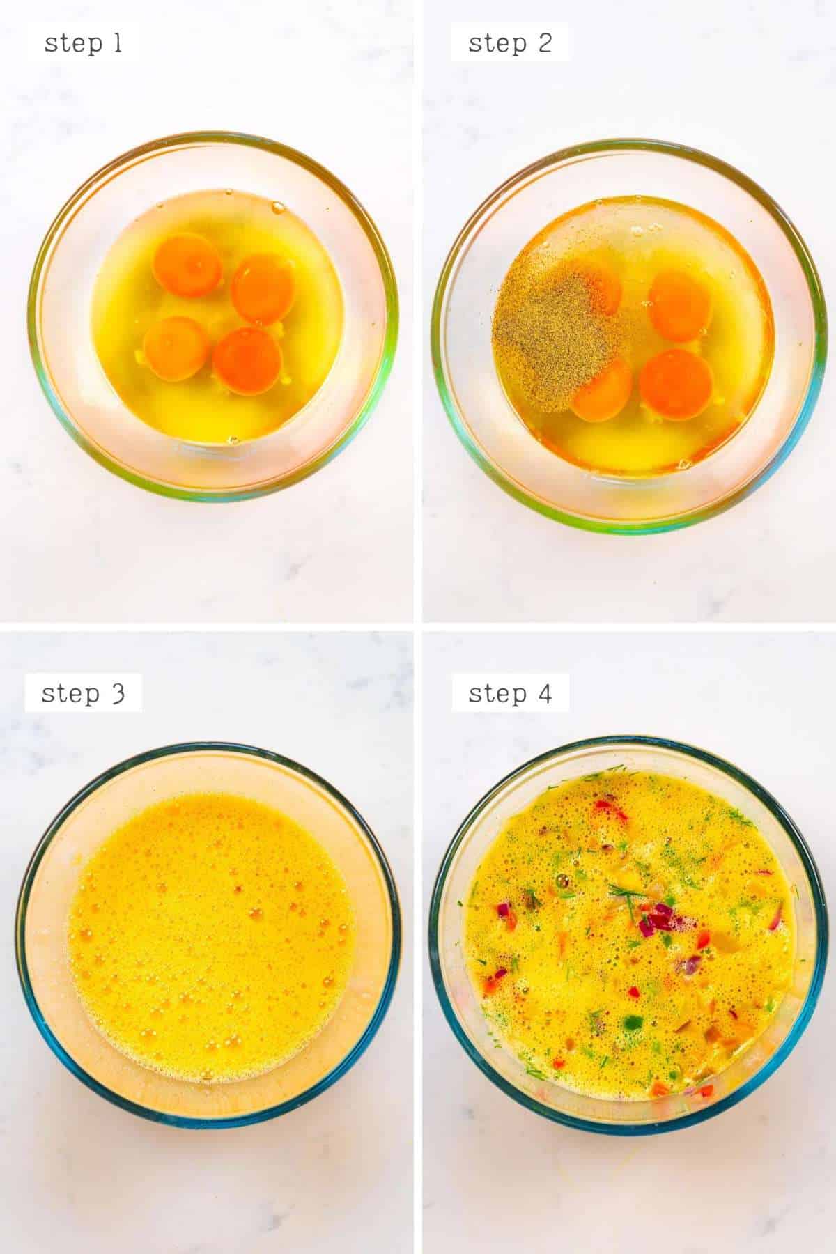 steps for mixing eggs and veggies for omelette