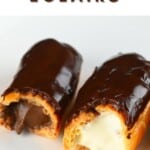 Two Chocolate glaze eclairs with different fillings