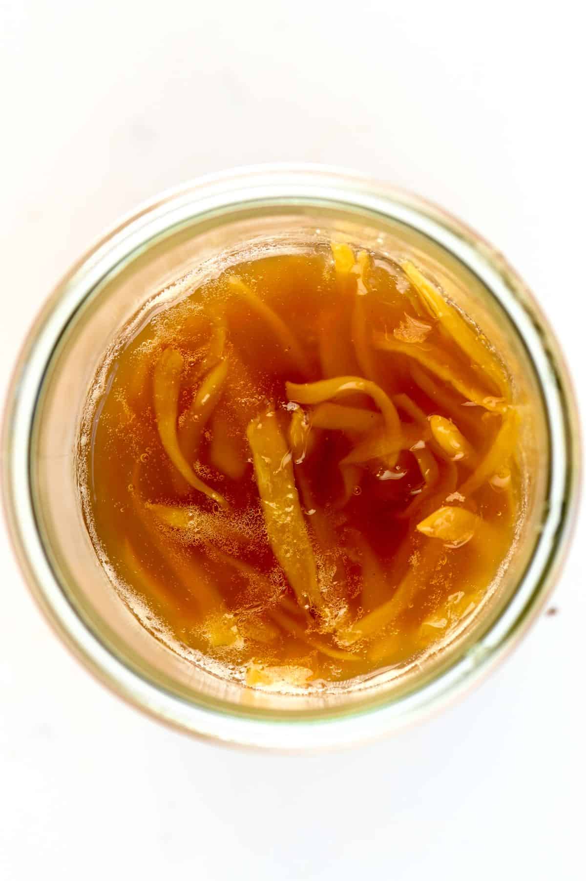 Top view of ginger jam in a jar