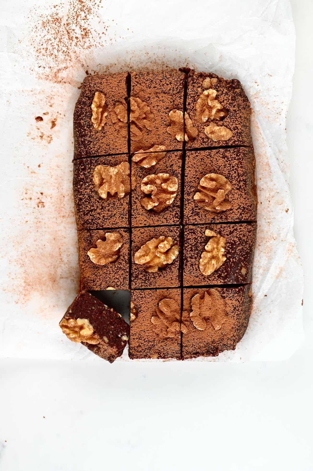 No bake brownie cut into squares