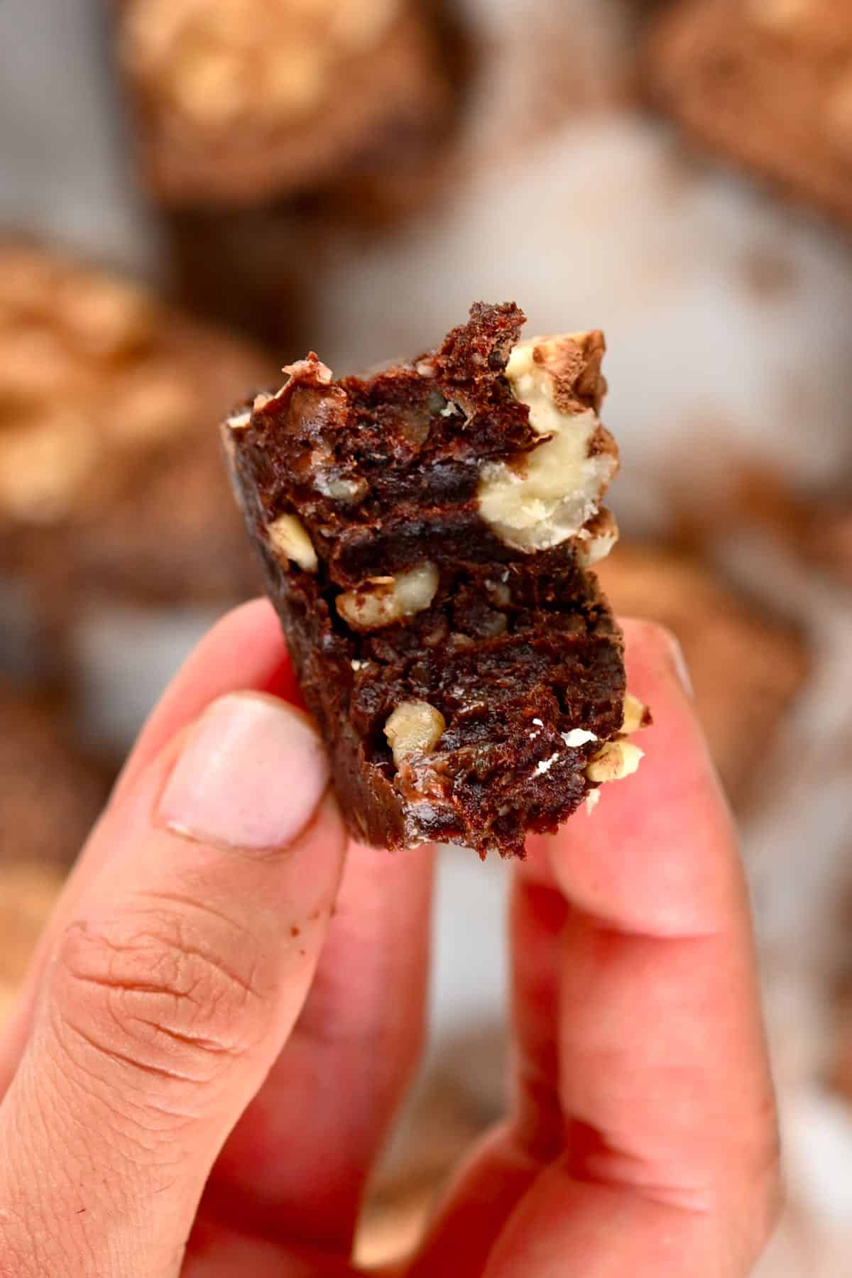A close up of a piece of no bake brownie