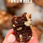 A close up of one No-Bake Brownie square in a hand
