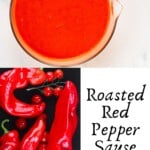 Roasted Red Pepper Sauce in a pot and some red peppers and tomatoes