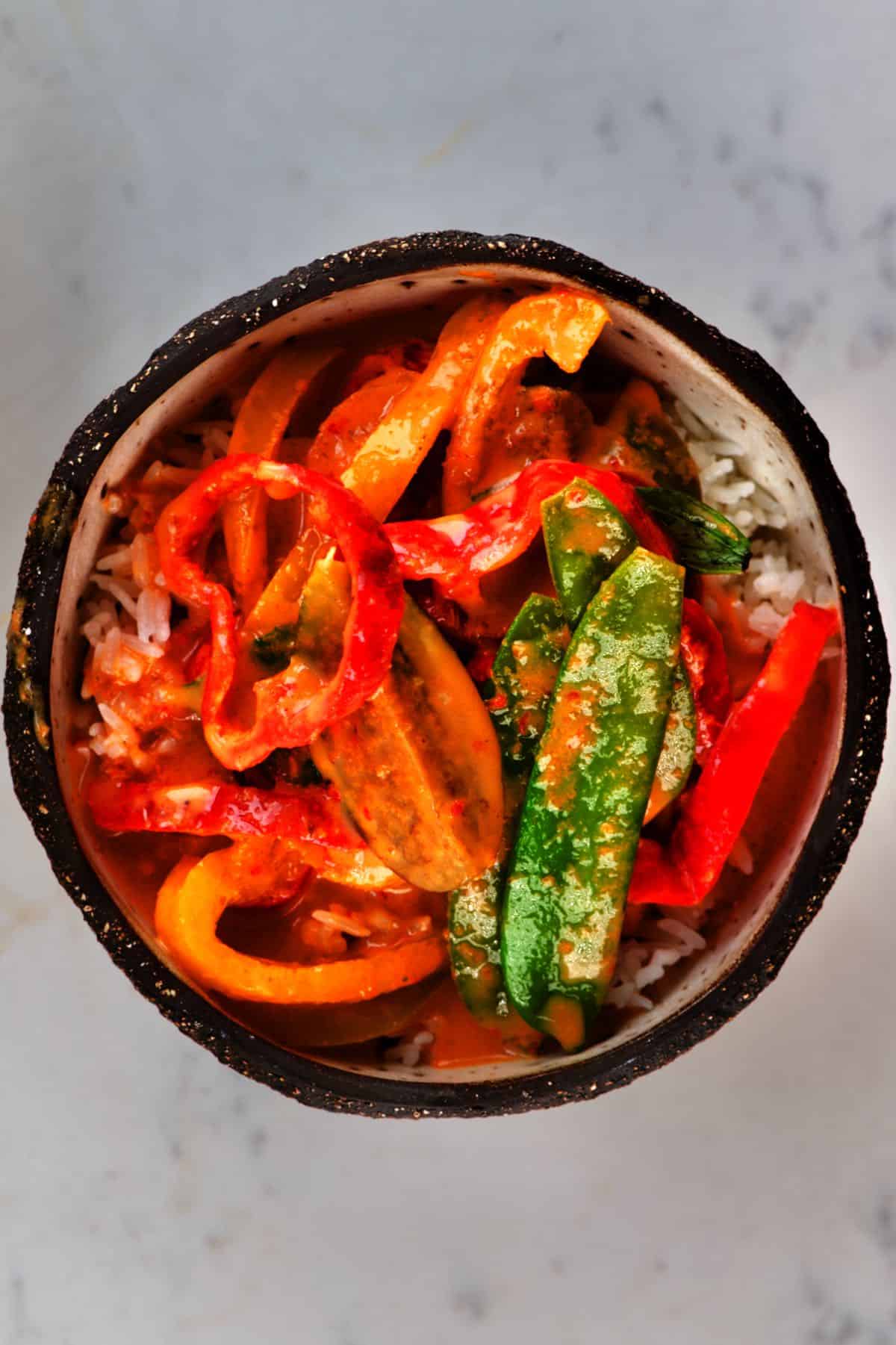 Thai Red Curry served in a small bowl