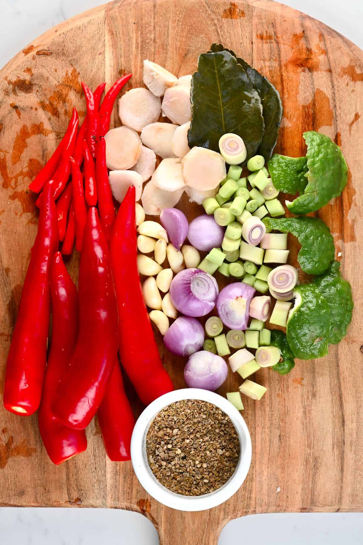 Chopped ingredients for Thai Red Curry Paste