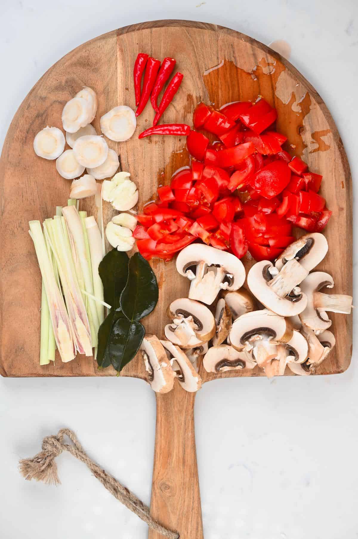 Chopped ingredients for tom yum soup