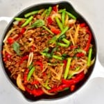 Thai basil vegan beef with soy mince in a pan