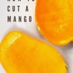A mango cut in two