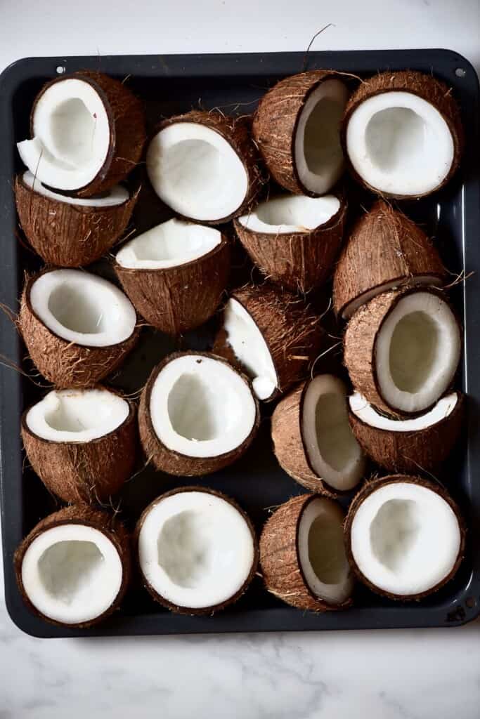 10 coconuts cut in half and arranged in a baking tray