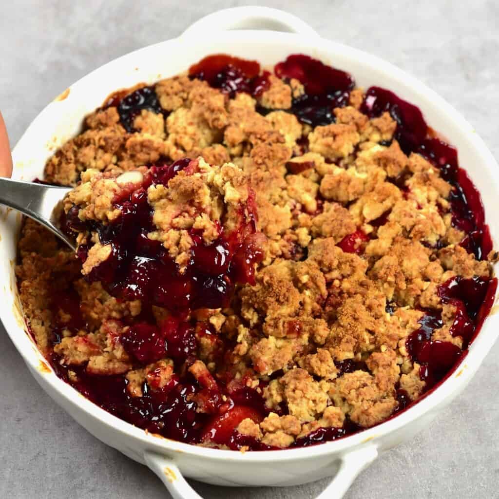 Berry crumble in a baking dish