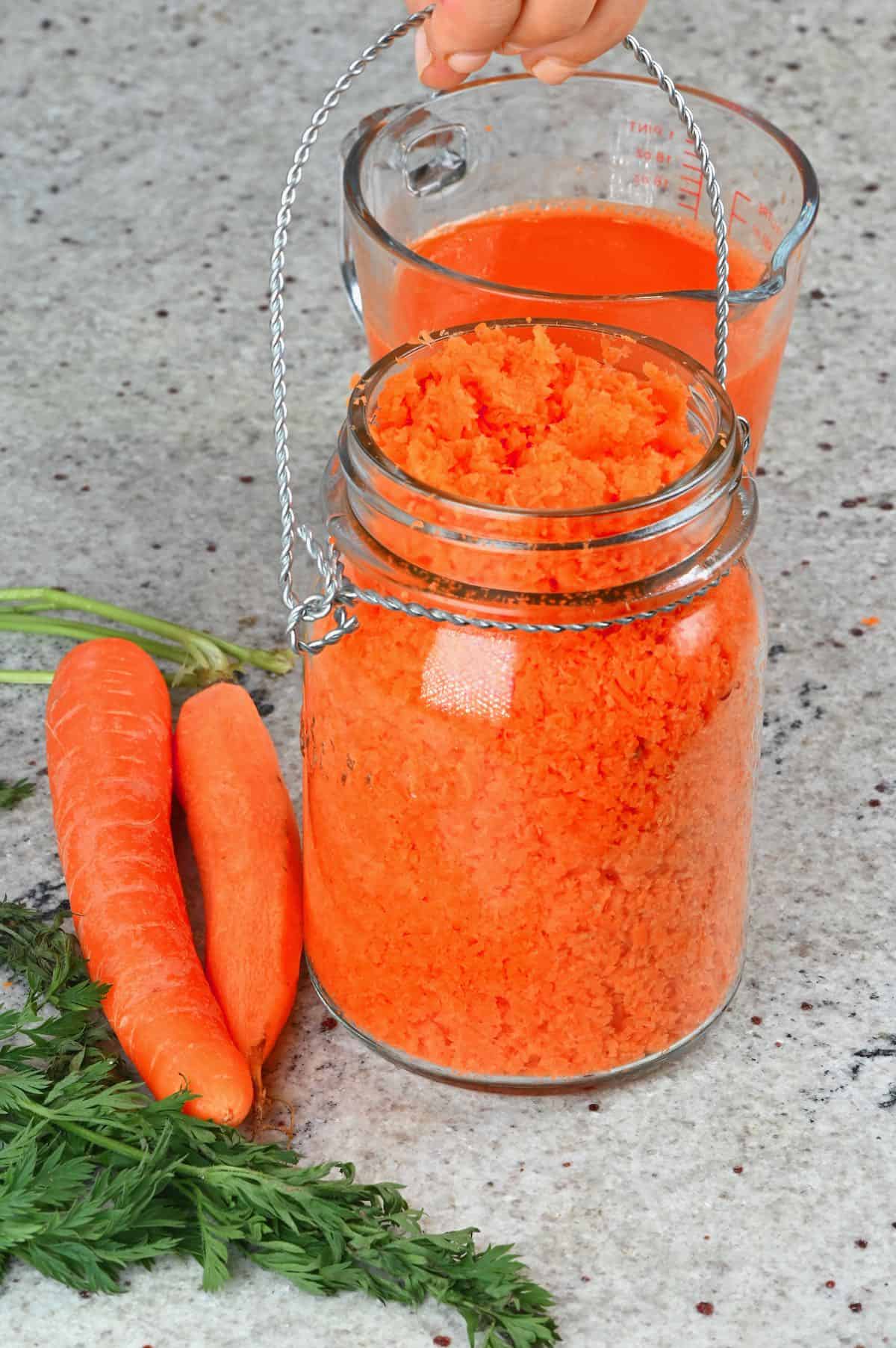 Carrot juice leftover pulp in a container