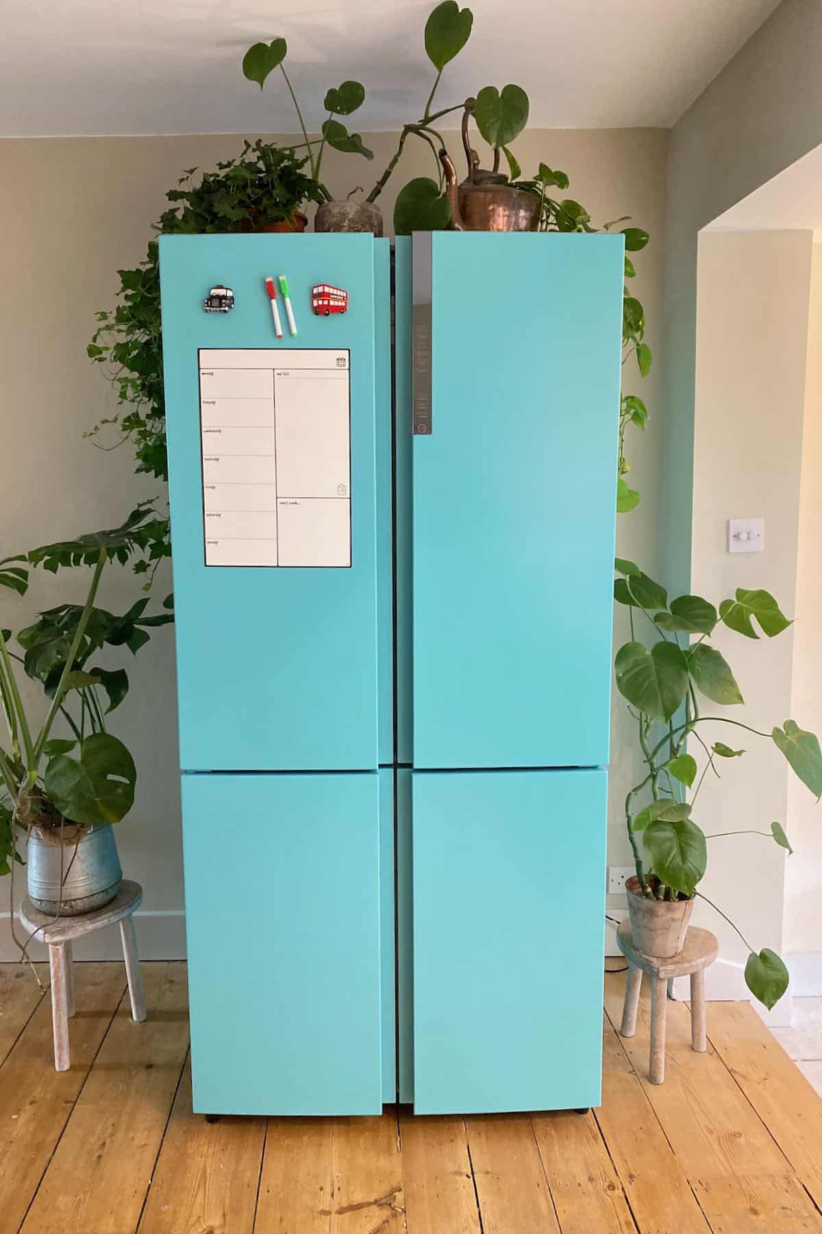 Multi-door fridge freezer freshly painted in turquoise with plants around it. Get a retro refrigerator on a budget