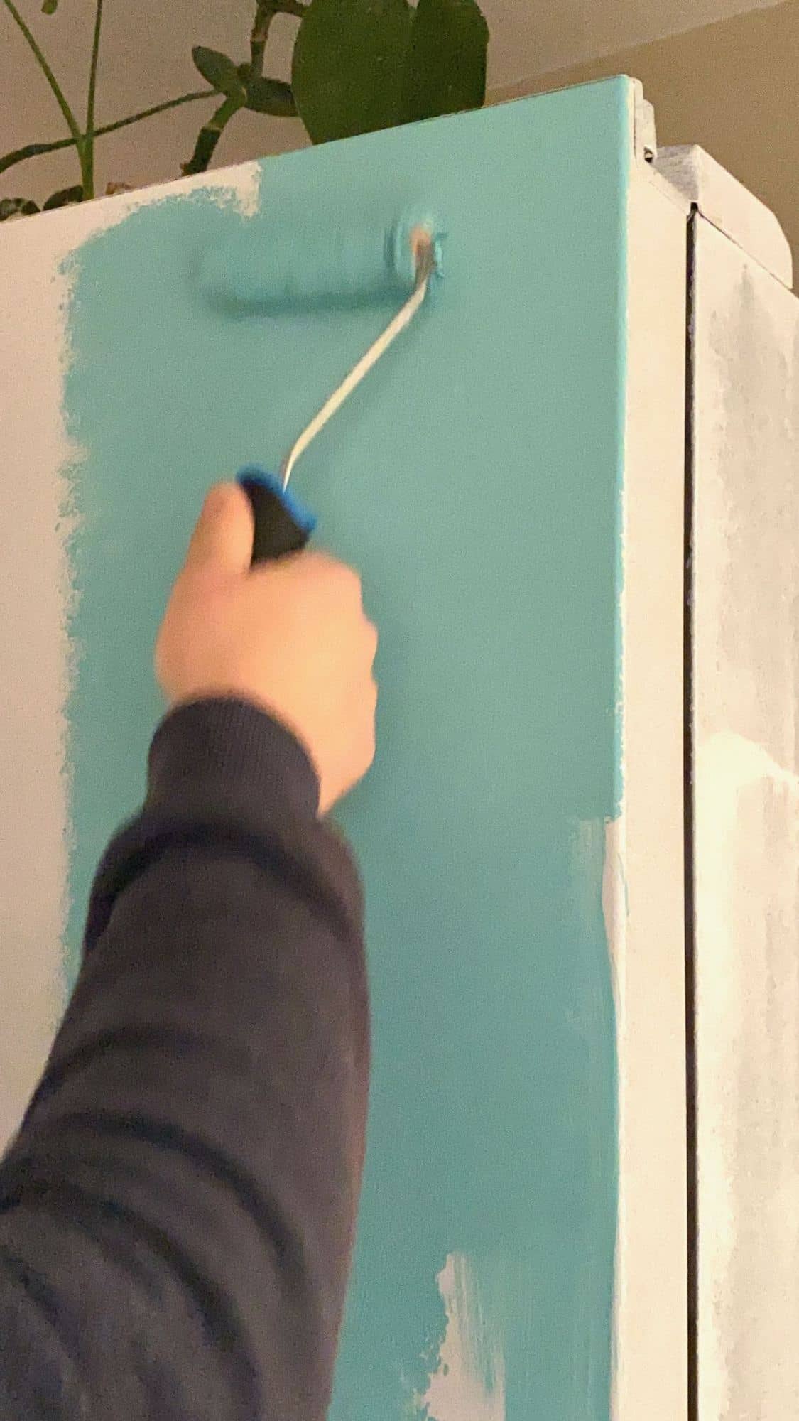 Painting the door of a fridge with a roller brush