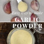 A jar and a spoonful of garlic powder and some garlic cloves around