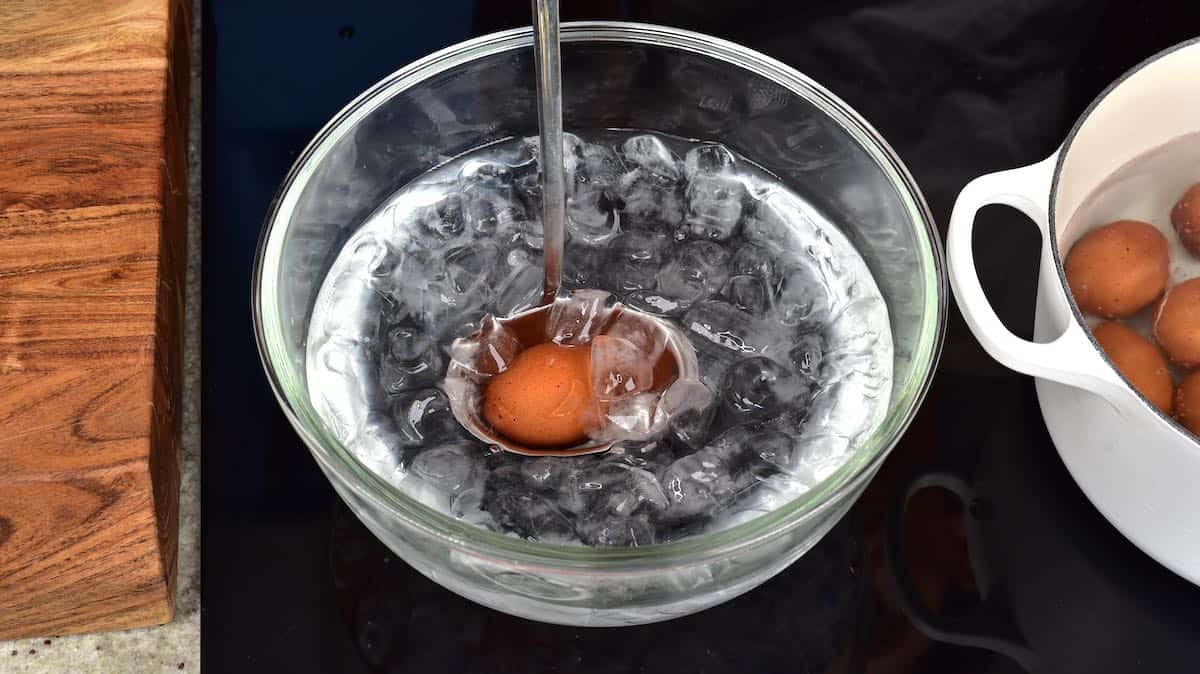 Placing an egg in an ice bath