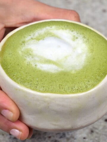 Matcha latte in a chawan bowl
