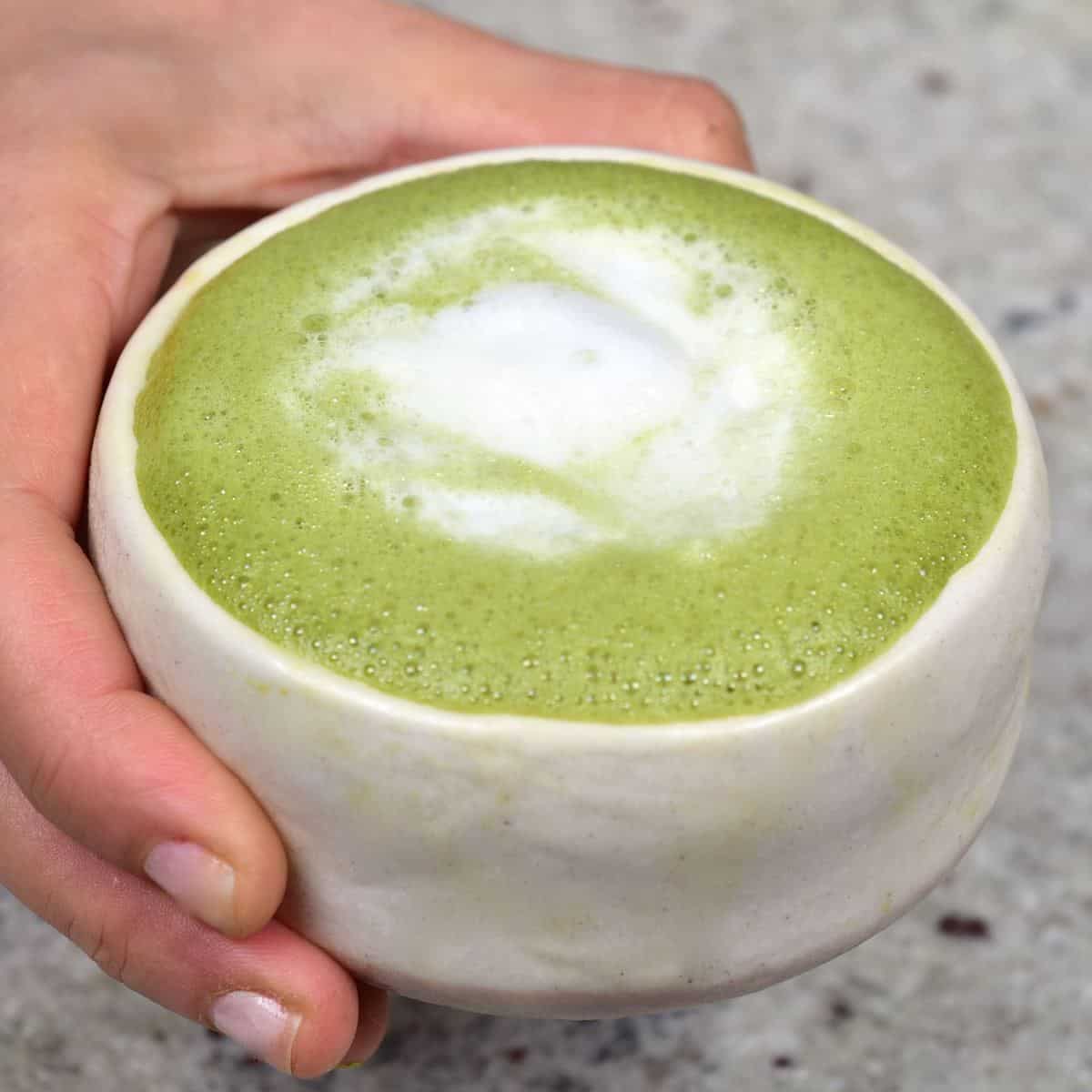Matcha latte in a chawan bowl