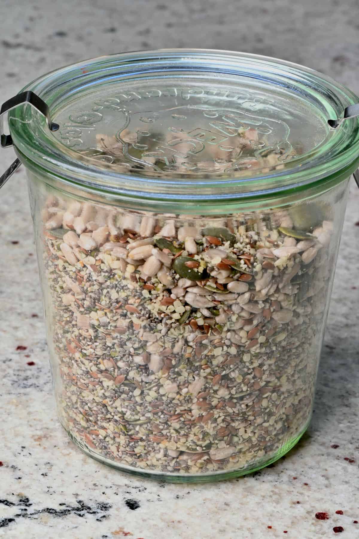 Omega seed mix in a glass jar