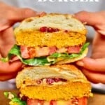 Pumpkin burger sliced in two stacked on top of each other
