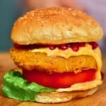 A close up of a pumpkin burger - 14