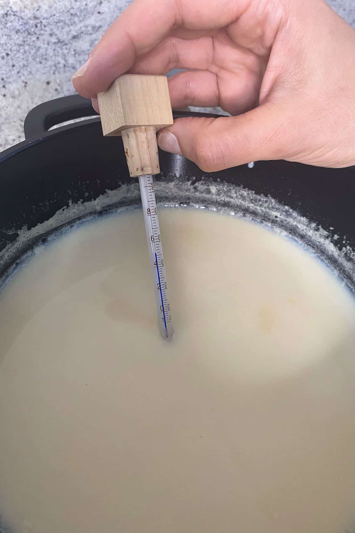 Measuring the temperature of hot soy milk
