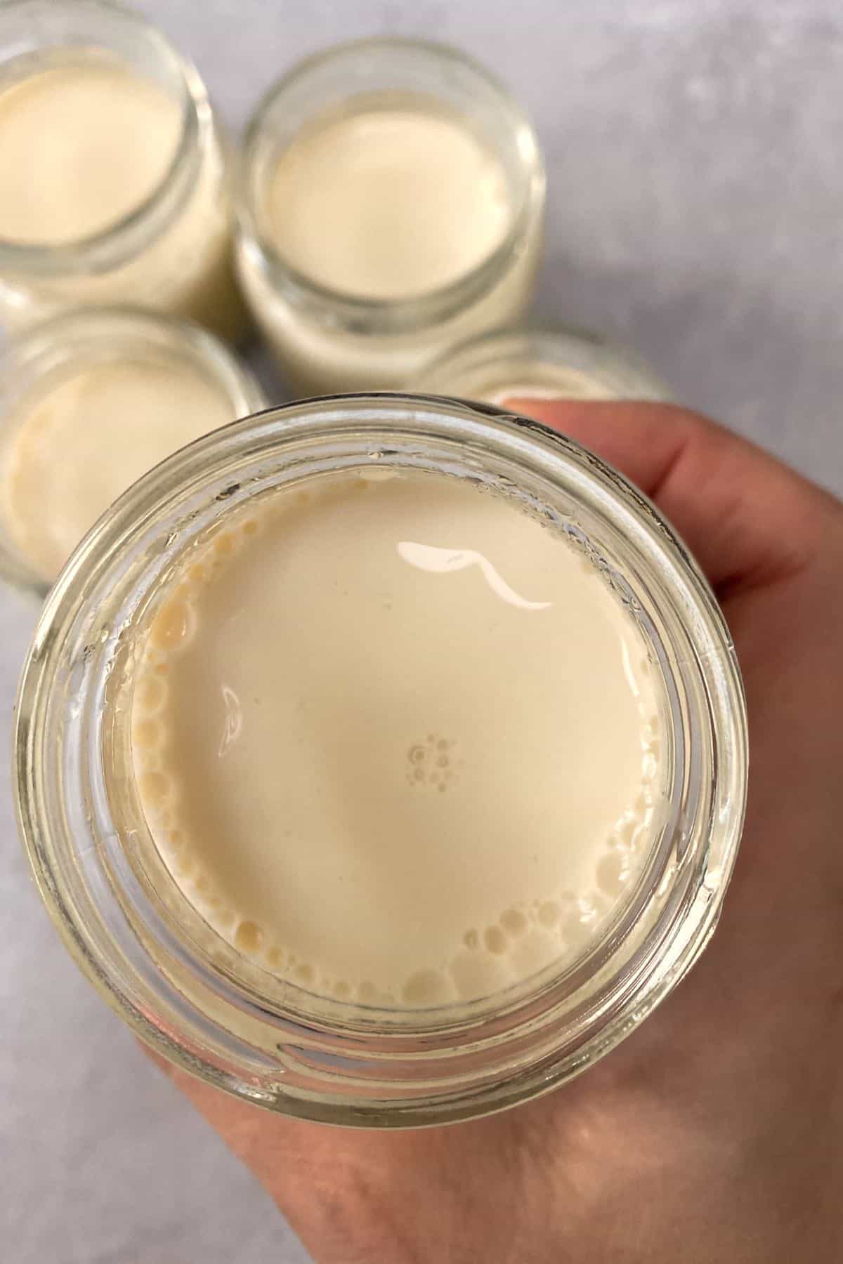 A jar with soy milk yogurt