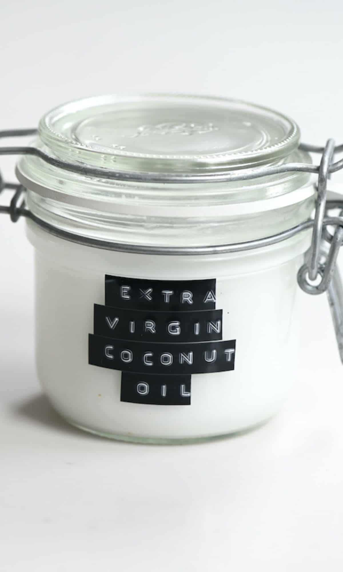 A closed jar with extra virgin coconut oil