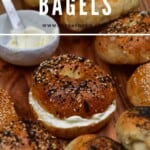 One bagel with cream cheese and a few other around it