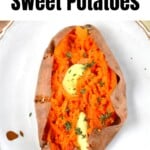 Baked sweet potato topped with butter and thyme
