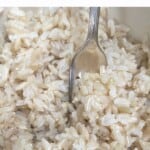 Close up of cooked brown rice with a fork