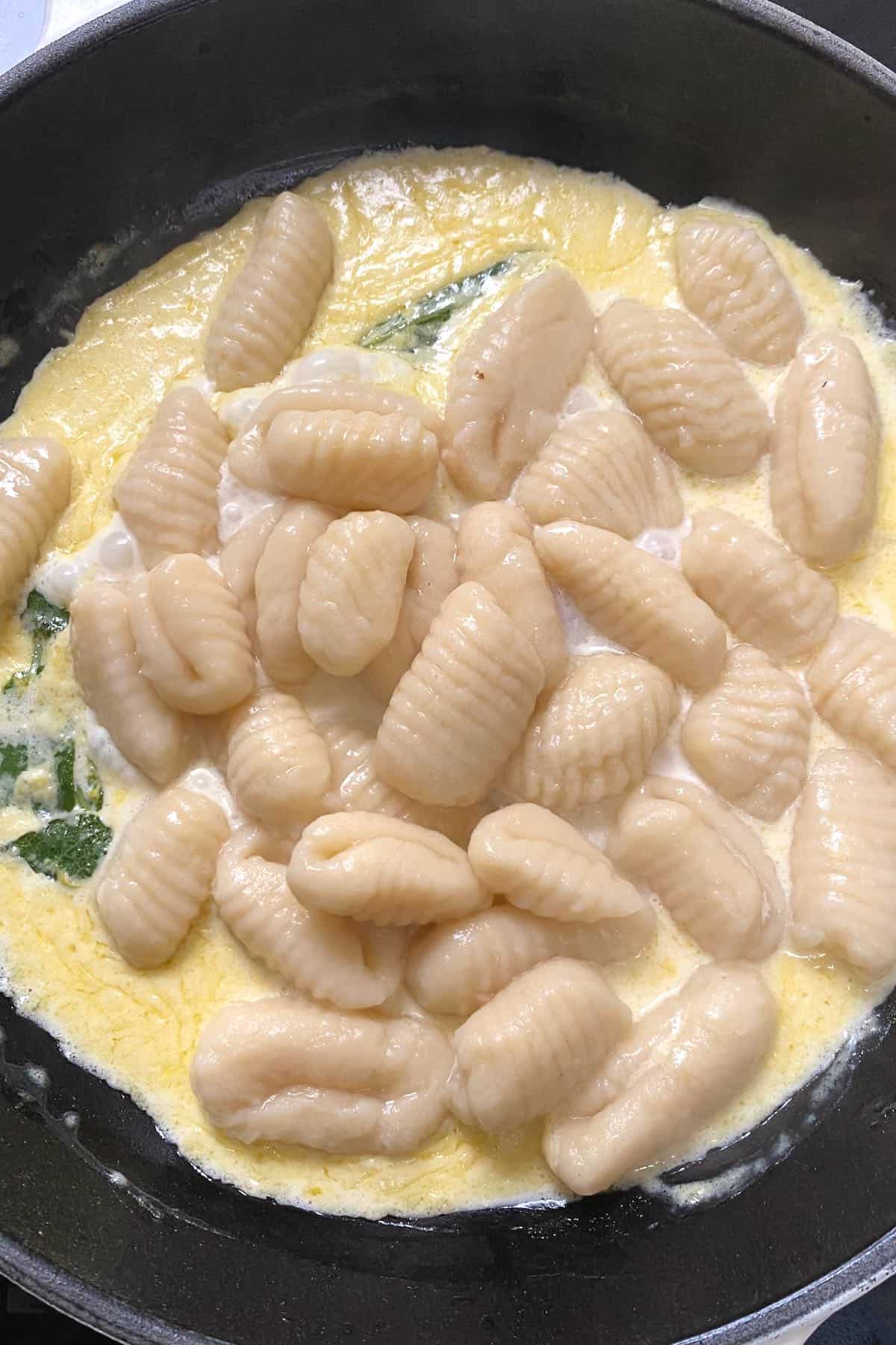 Gnocchi in a pan with some white sauce