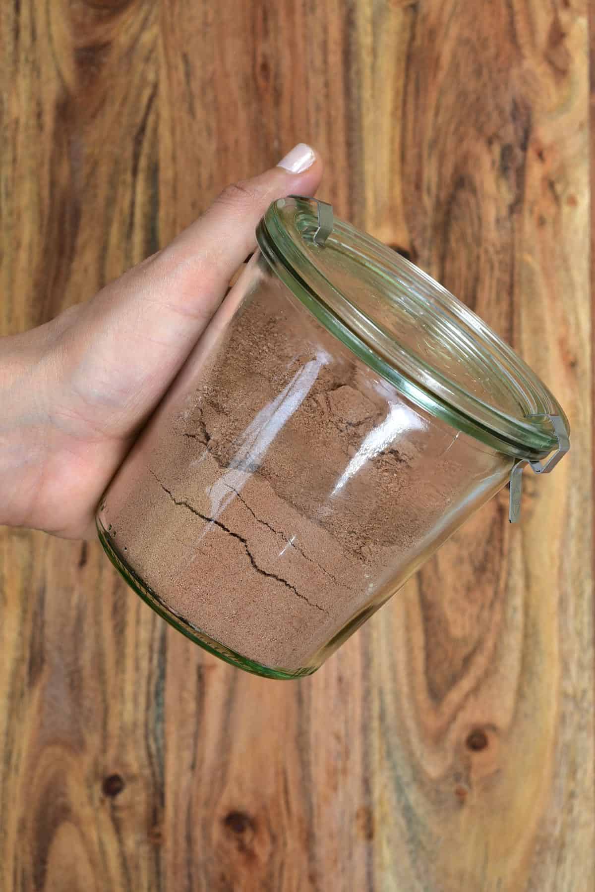 A jar filled with hot chocolate mix