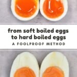 Soft boiled egg and hard boiled egg both cut in two