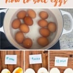 Eggs in a pot with water and three cooked eggs cut in two