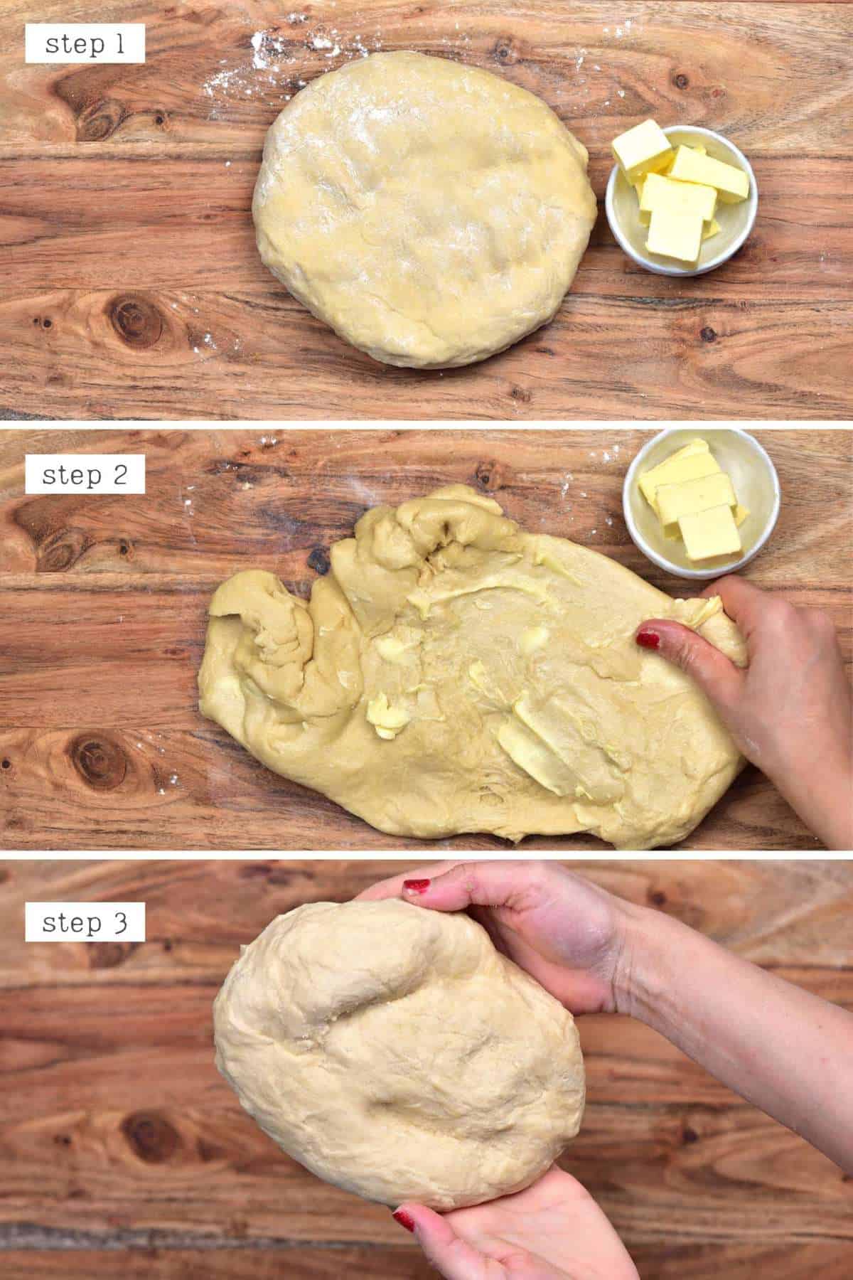 Kneading butter into buns dough
