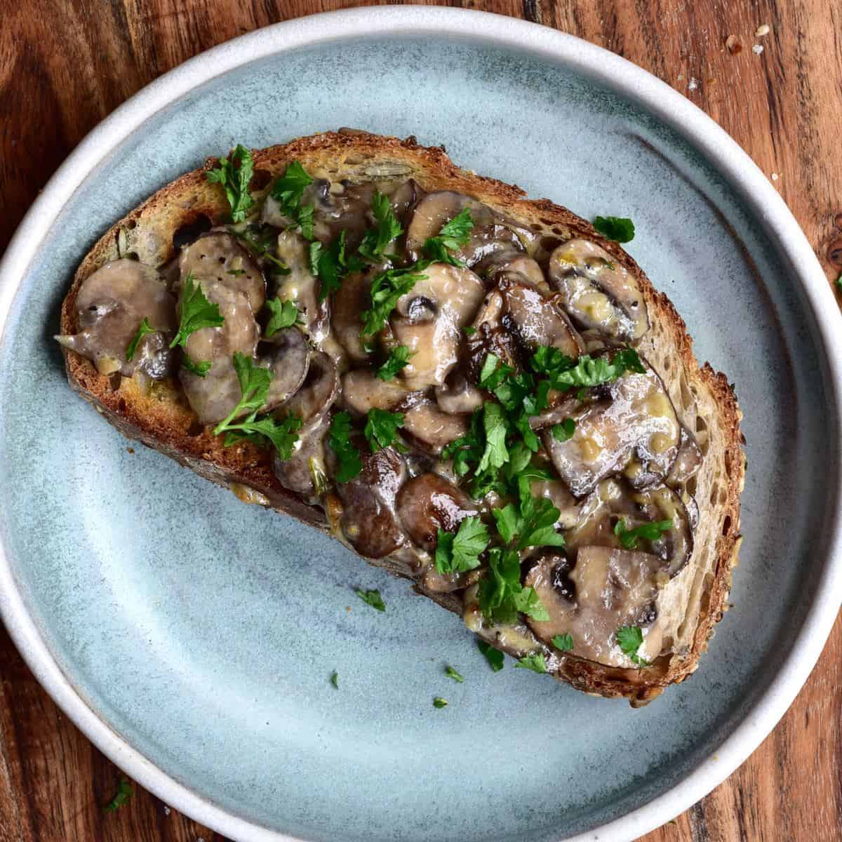 Toasted bread topped with mushrooms in a round plate