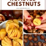 Peeled roasted chestnuts in a bowl and some chestnuts on the side