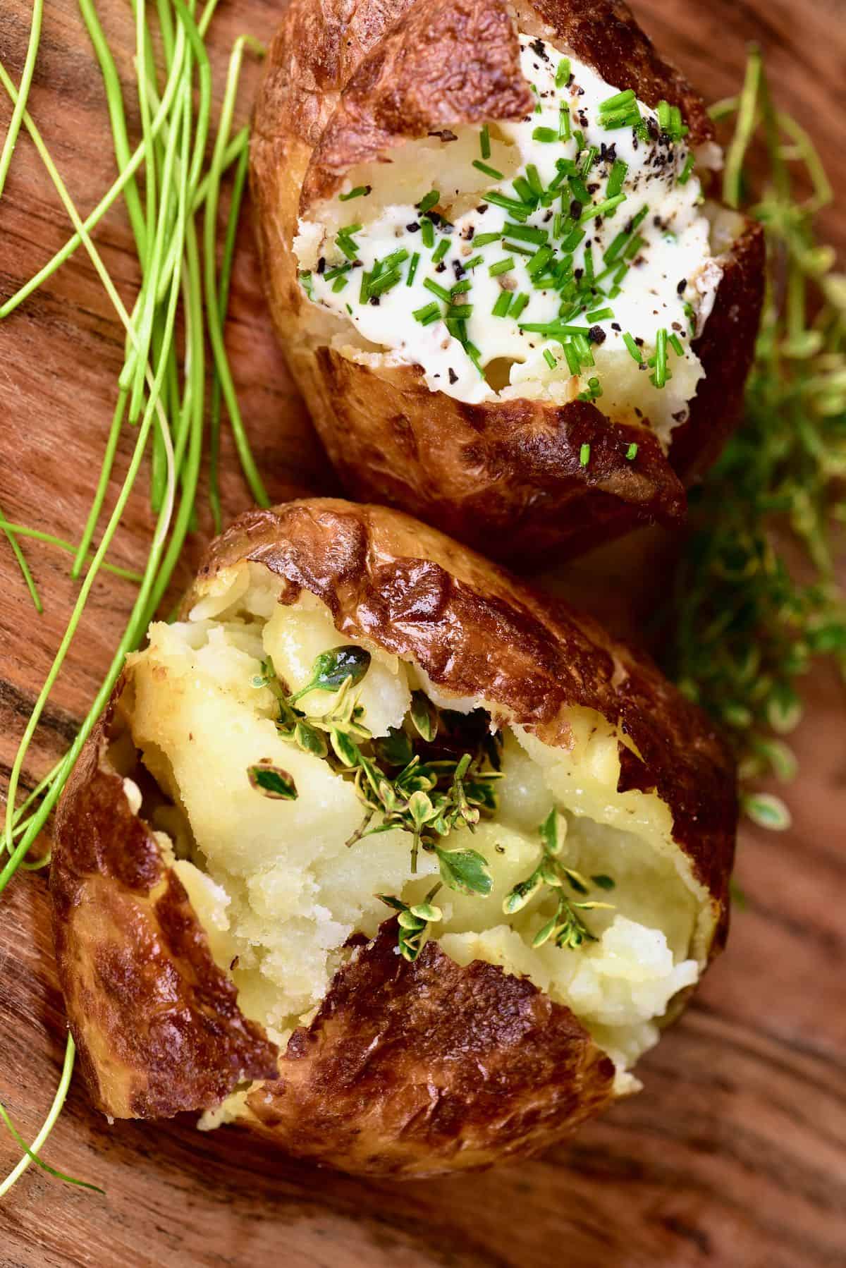 Two salt-baked potatoes topped with herbs and sour cream