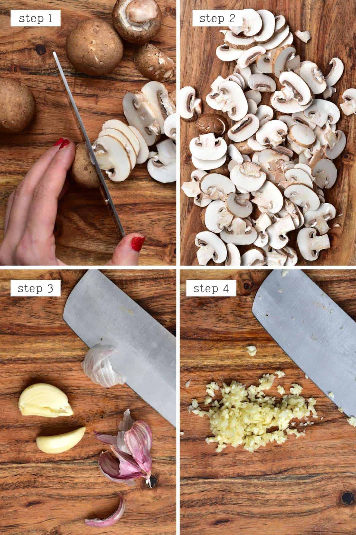 Slicing mushrooms and garlic