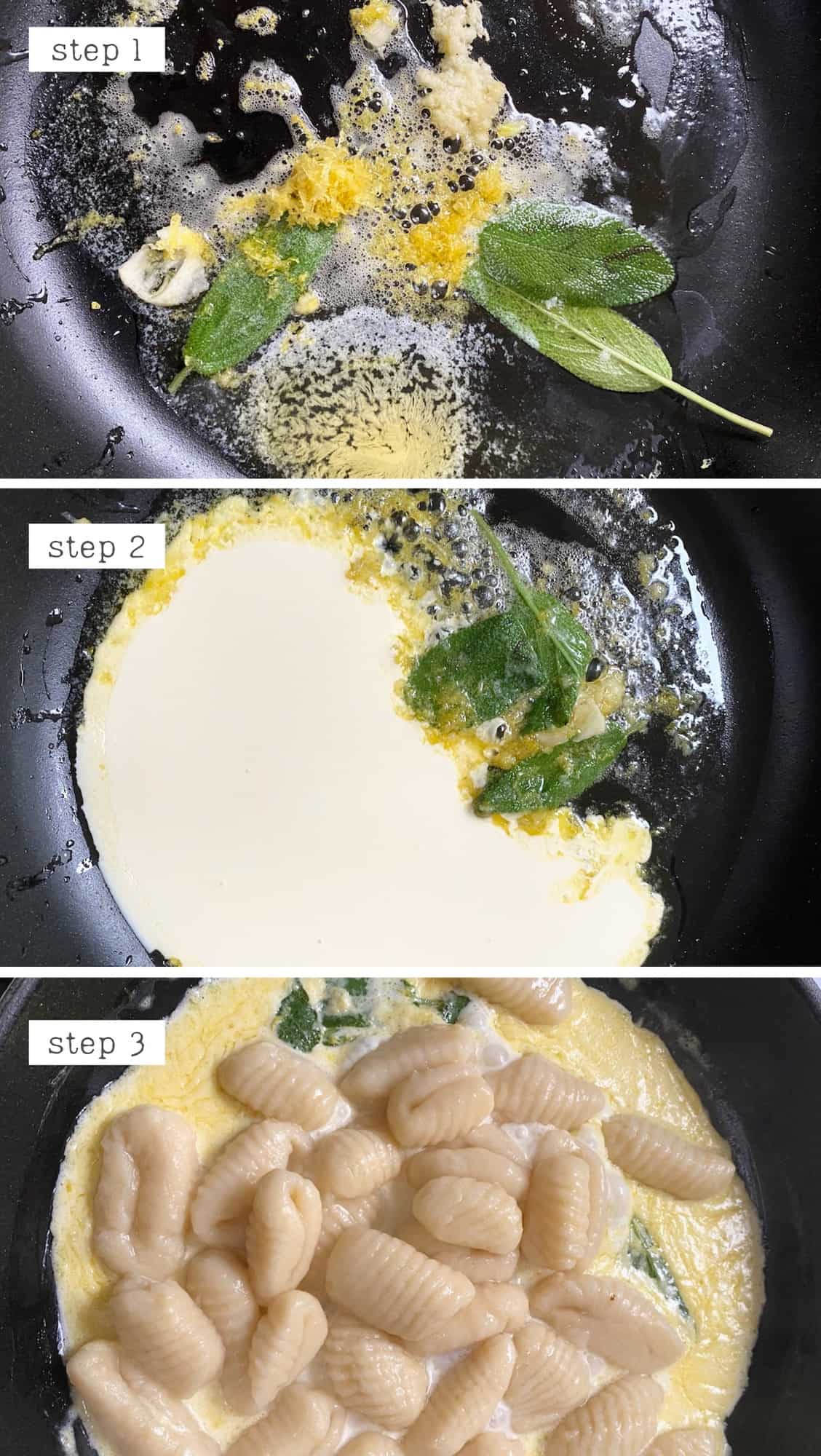 Steps for cooking gnocchi with sauce