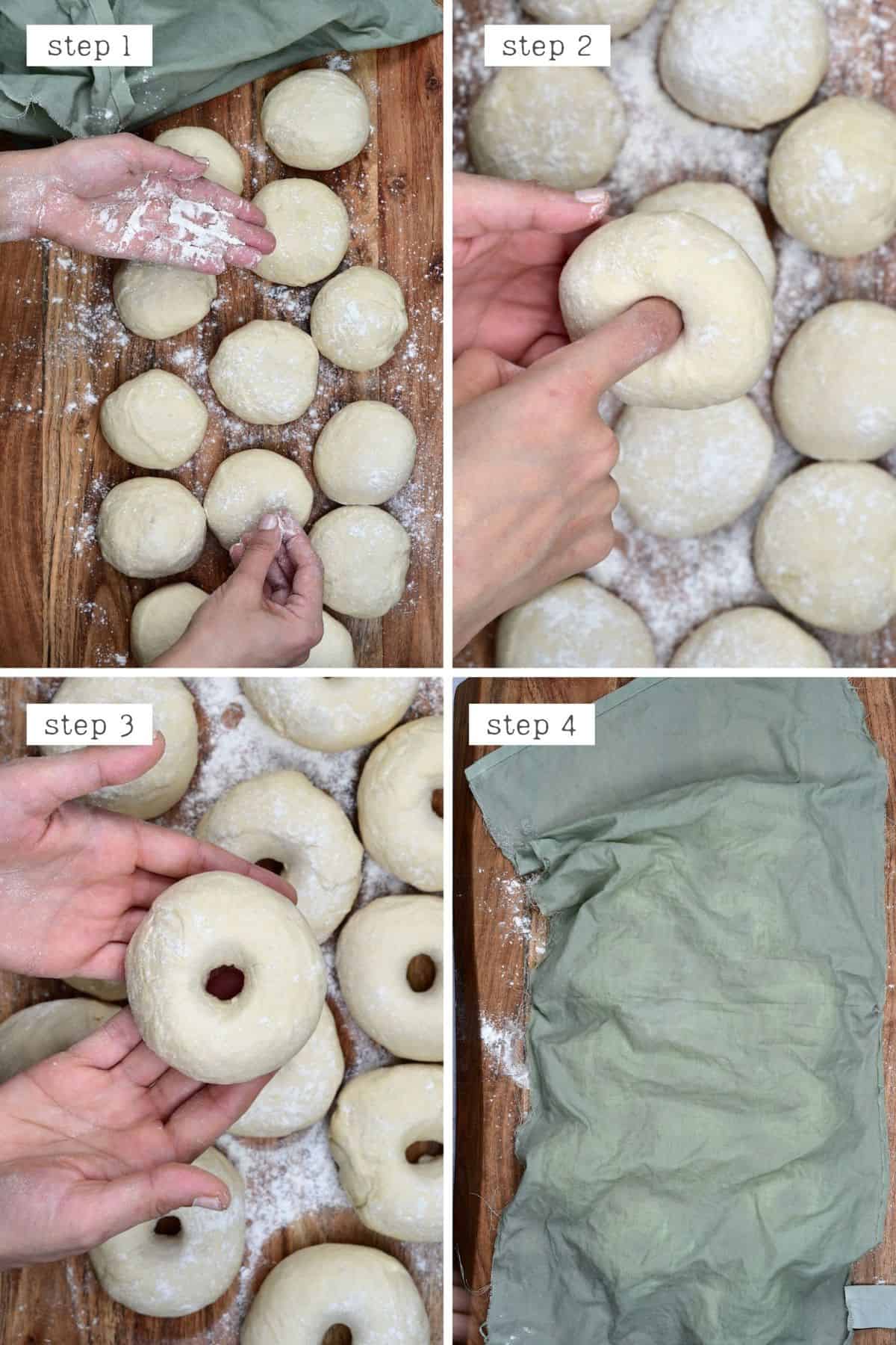Steps for shaping dough balls into bagels with holes