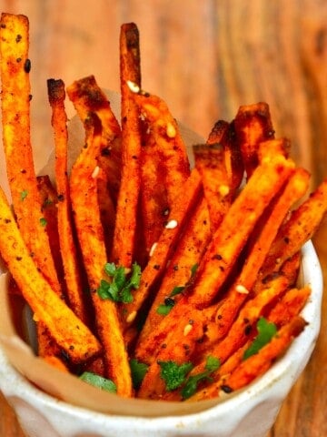 Sweet potato fries in a small bowl