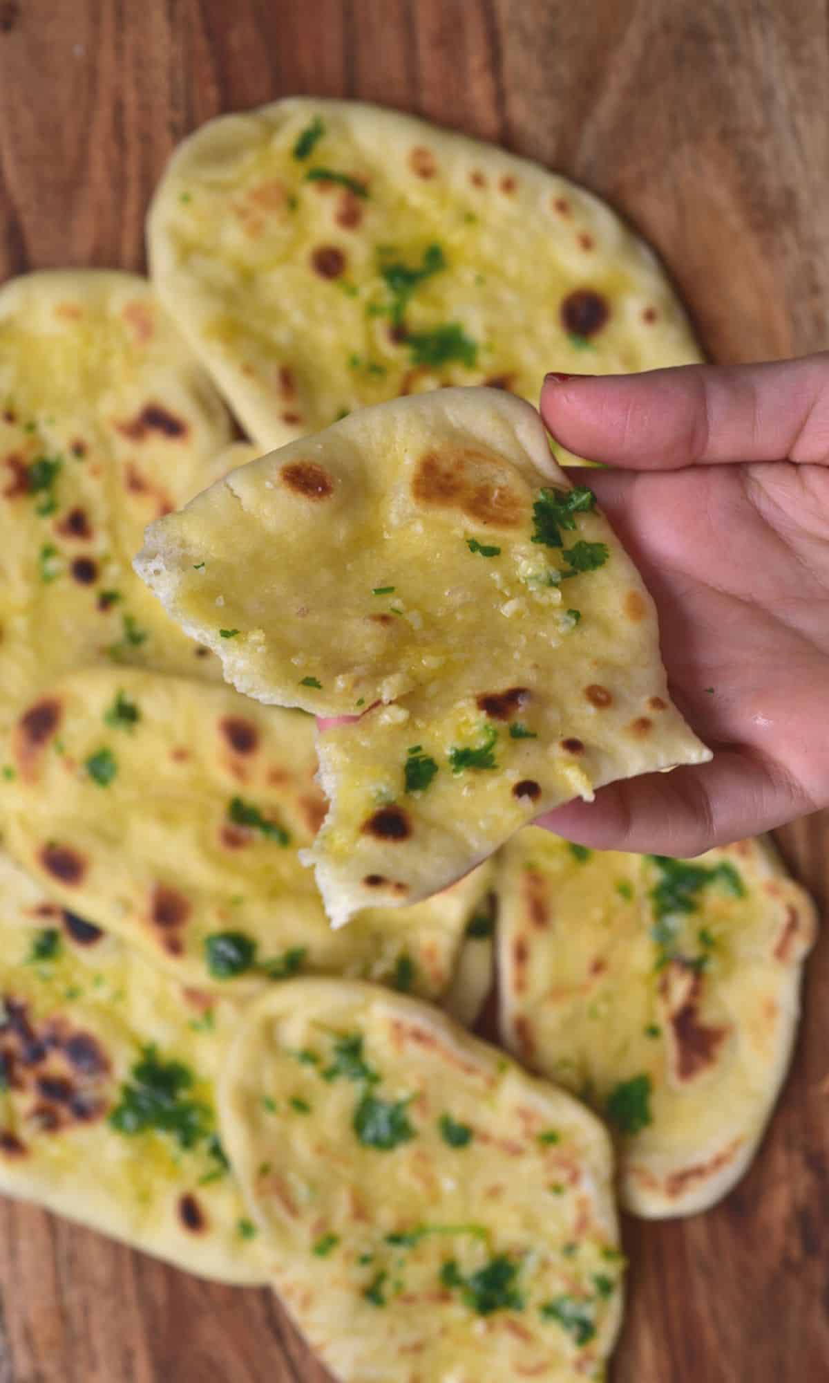 A hand holding a naan bread