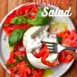 A forkful with tomato and burrata salad