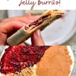 Tortilla topped with peanut butter, raspberry jelly and crushed nuts