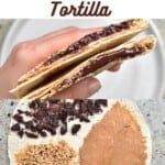Tortilla topped with peanut butter, chocolate and crushed peanuts